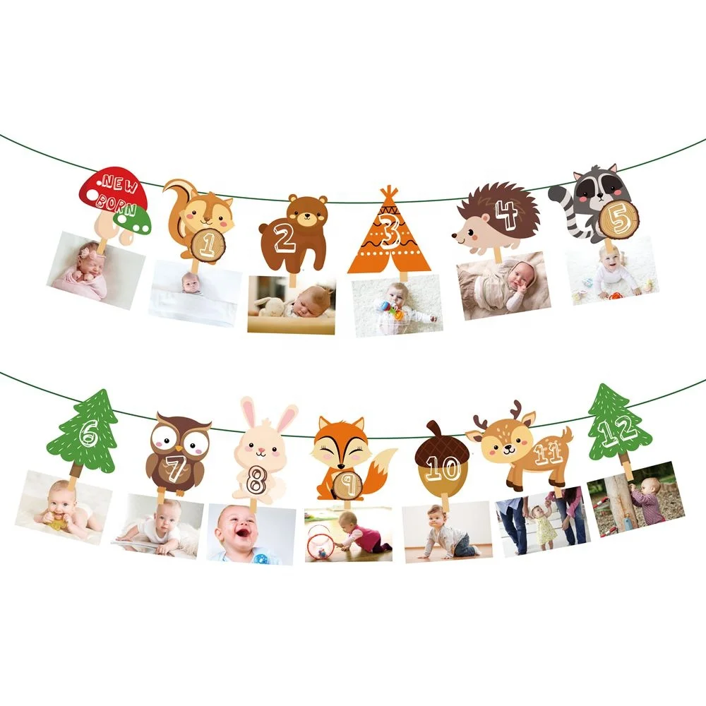 YISHU Newborn to 12 Month Display woodland creatures party photo banner 1st birthday wild one