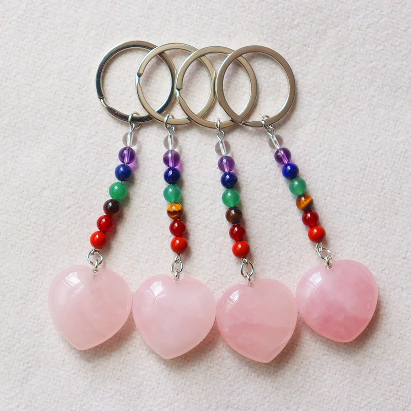 Wholesale raw crystal heart keychain rose quartz Personalized Heart-shaped Crystal Key chains