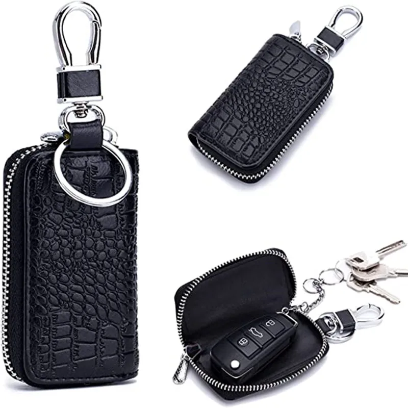 Leather Car Key Case Crocodile Keychain Protector Bag Auto Key Pouch Car Remote Holder Hook Zipper Cover Classic Universal
