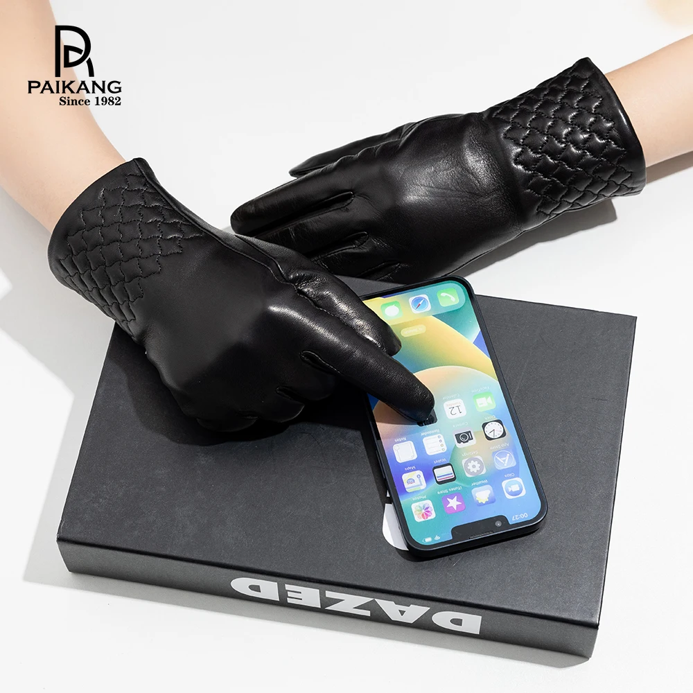 Fashion Women Winter Black Embroidered Star Touch Screen Leather Gloves