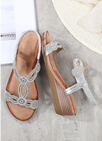 New Style Open Toe Round Bohemian Sandals Casual Rhinestone Hollow Out Ladies Platform Wedge Sandals