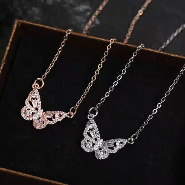 Temperament Fashion 2021 Rose Gold Smart Couple Lover Bling Butterfly Charm Necklaces