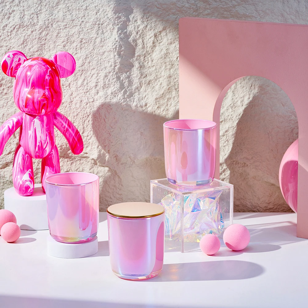 empty big size pink iridescent holographic candle jars 12 oz with box and rose gold lids