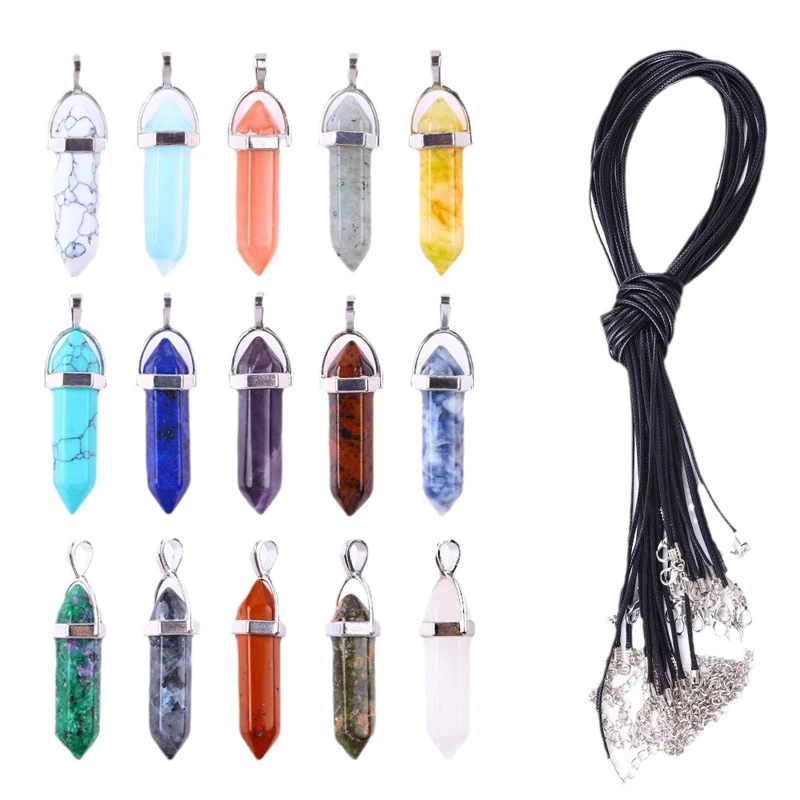 Hexagon Prism Crystal Stone Point Chakra Healing Gemstone Pendants Necklaces Pointed Gemstone Pendants Necklaces for Women
