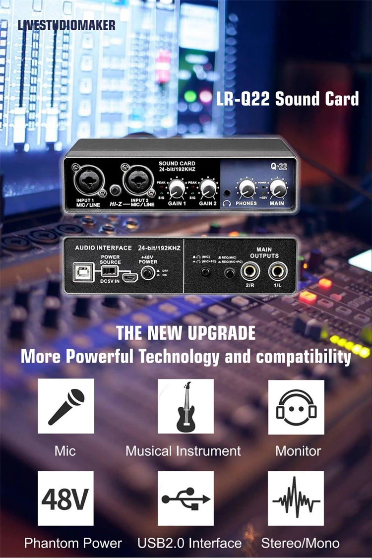 Q22 Studio Equipment for Recording Music Sound Card Interface Kits qith 2 XLR Microphone Port