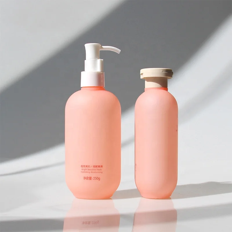 250ml 8.5oz Pink Matte Soft Touch HDPE Whiten Cream Body Lotion Round Shoulder Bottle With Pump