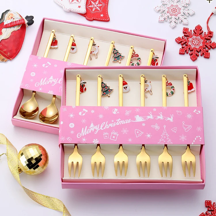 Metal Golden Plated Christmas Spoon Set Mirror Polished Stainless Steel Coffee Tea Dessert Spoons and Forks Gift Set Flatware