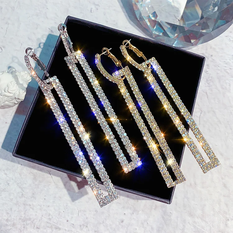  Fashion Long Geometric Drop Earrings Luxury Gold Silver Color Rectangle Rhinestone Hoop Earring For Women Party Jewelry