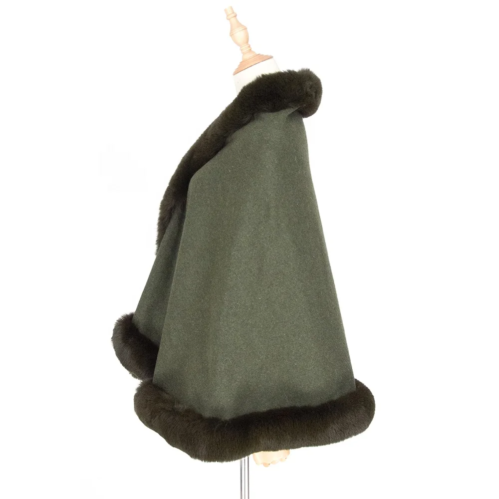 
Wholesale Army Green Women Winter Cape Poncho Blending Pashmina Fur Stole Shawl Scarf With Fur Trim 