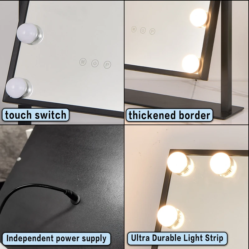 Лидер продаж, классическое черное светодиодное зеркало для туалетного столика, прямоугольное голливудское косметическое зеркало для парикмахера