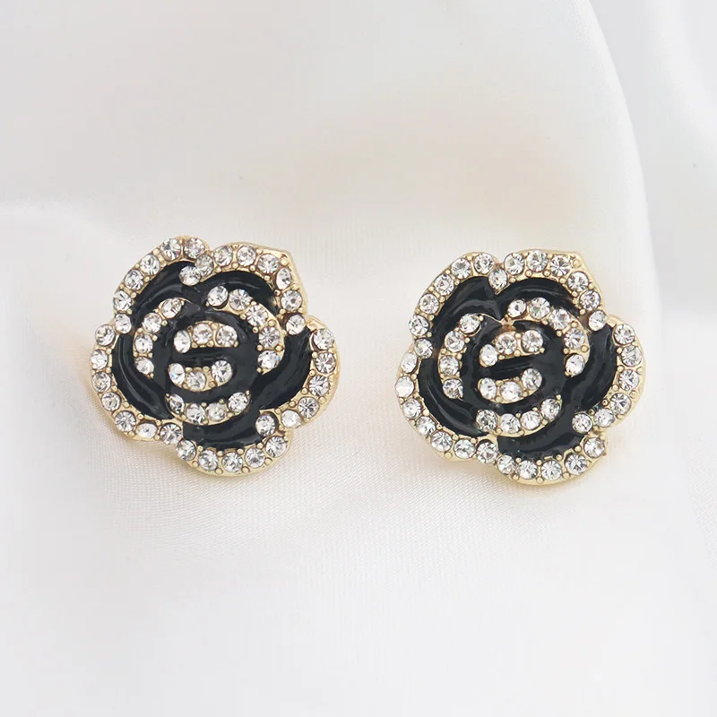 925 Silver Needle Rhinestone Flower Rose Clip on Stud Earrings Gold Plated French Camellia Flower Earrings For Women 2021