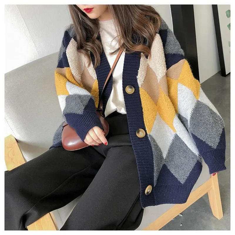 Custom Knitted Boutique Design Plaid Plus Size Long  School Jacket De Punto Oversize Grosir Korea Cotton Cardigan Women