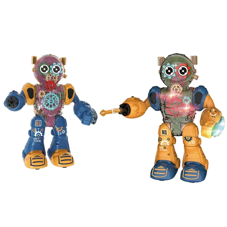 2023 Hot sell kids toys electric walking space gear robot acousto-optic transparent launch interactive toy robot for kids