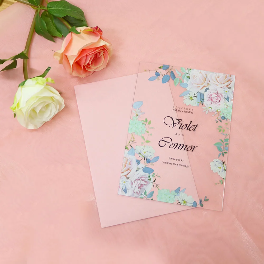 Transparent custom gold foil silkscreen flower acrylic wedding invitations card