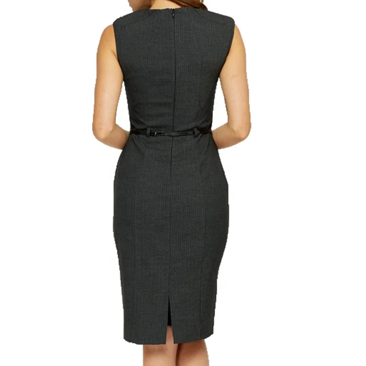 Elegant ladies knee length black belted slim pencil office formal wear dress to work
