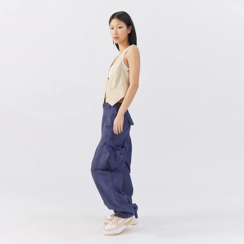 new customized spring high quality vintage solid color casual utility pockets cotton stacked women cargo pants