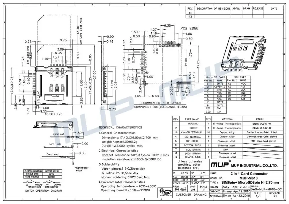 MUP-M618  2 in 1 6pin SIM+8pin TF card holder connector