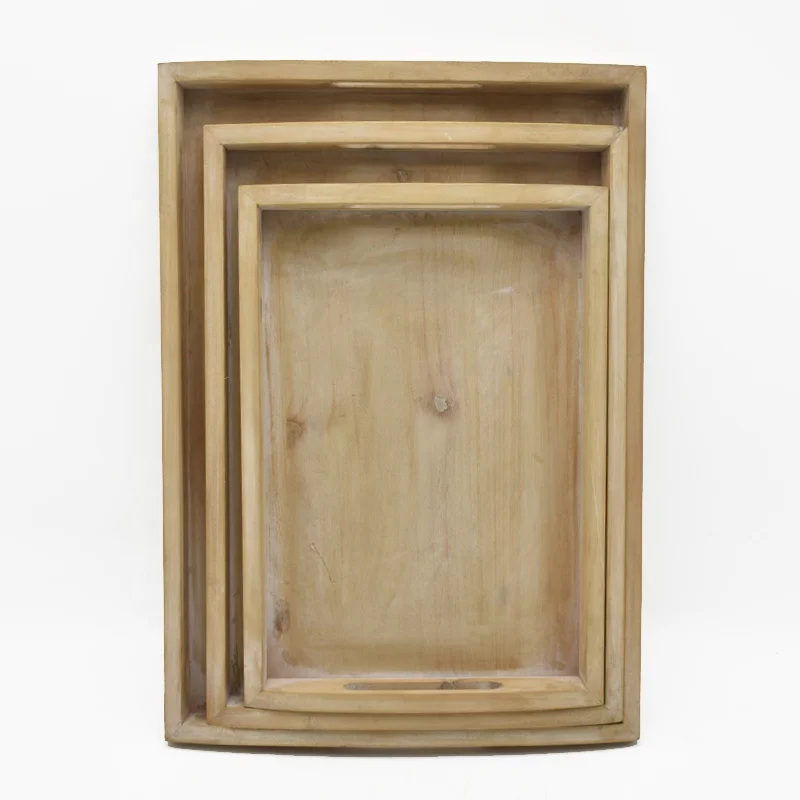 3/Set High Quality Rectangle Wood Tray With Handle Handmade Decorative Kitchen Hotel Tea Storage Serving Tray