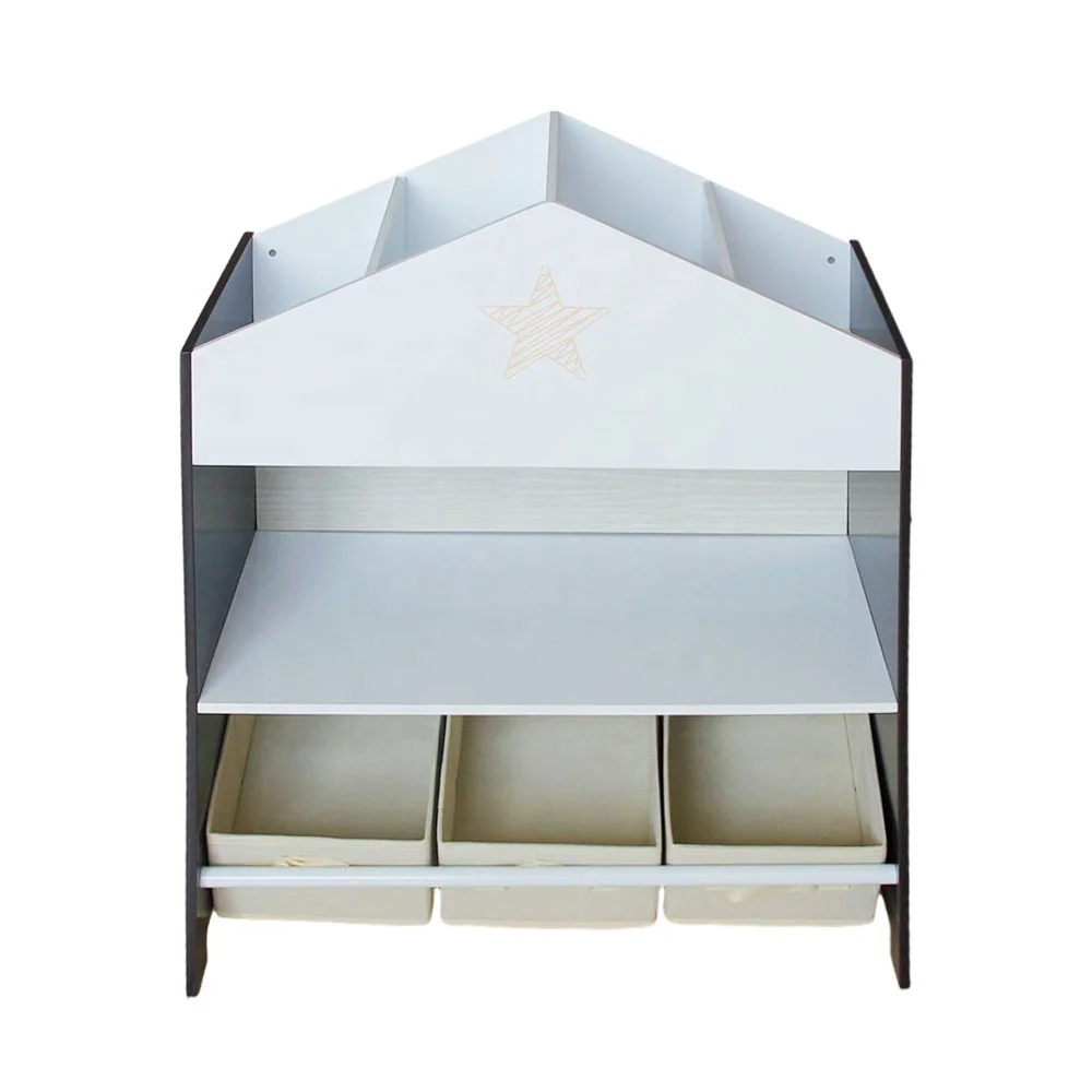 Wooden Kids Bookshelf Home Furniture Children Toy Display Storage Shelf With 3 Storage Bins