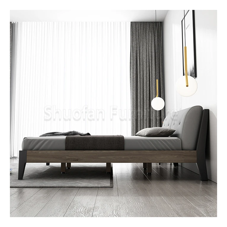 Модель в скандинавском стиле, кровать из твердой древесины под заказ, свадебная легкая роскошная кожаная деревянная кровать, кожаная обивка