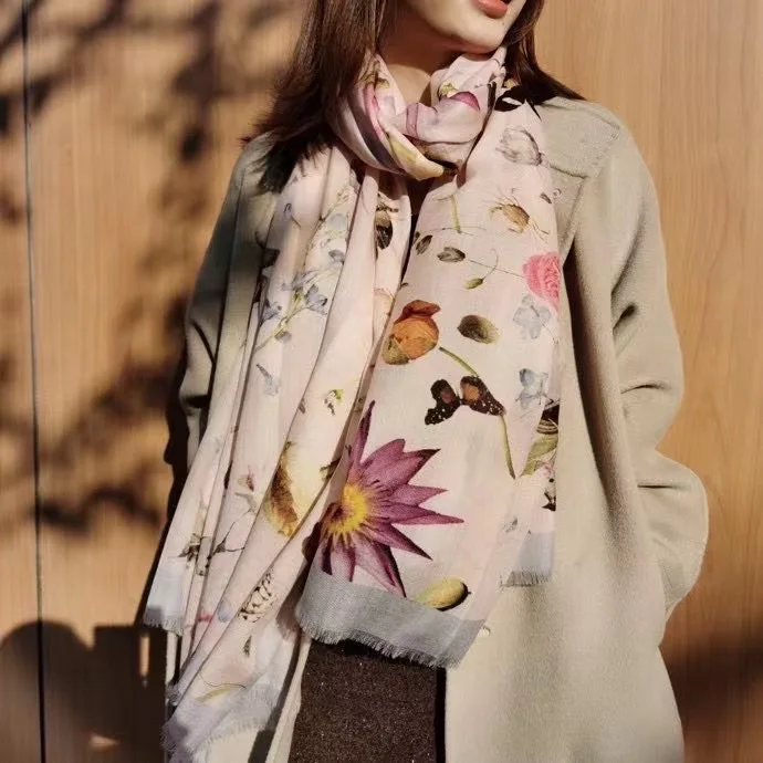 Fashion Print Butterfly Striped Cashmere Feeling Oversize Lady Tassel Pashmina Shawl Digital Printing Scarf