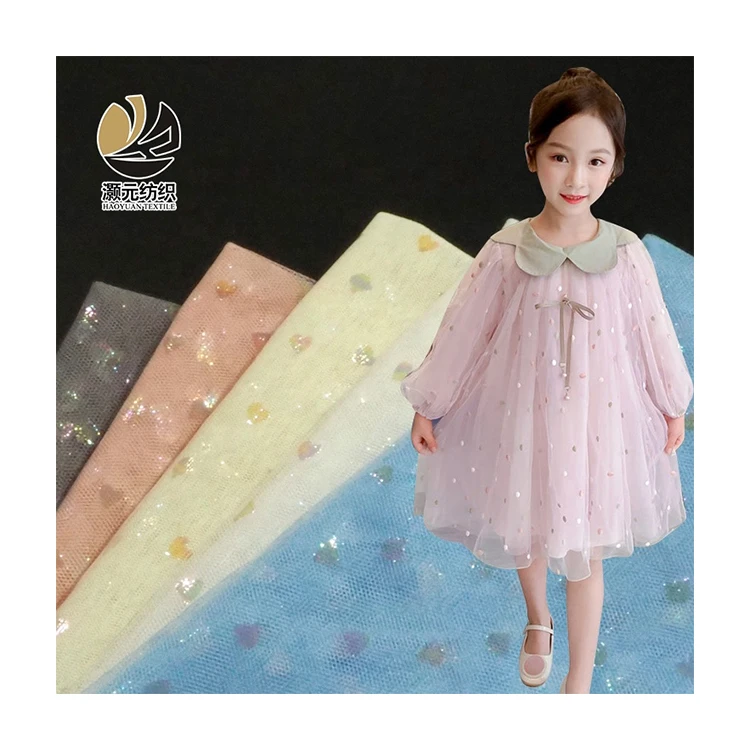Colorful small love bronzing children clothing foil elastic mesh tulle fabric india