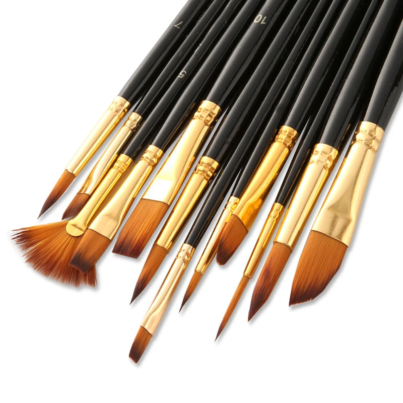 Oem custom Long Handle Artist Paint Brushes 12 Pcs Watercolor Acrylic Oil Painting Brushes