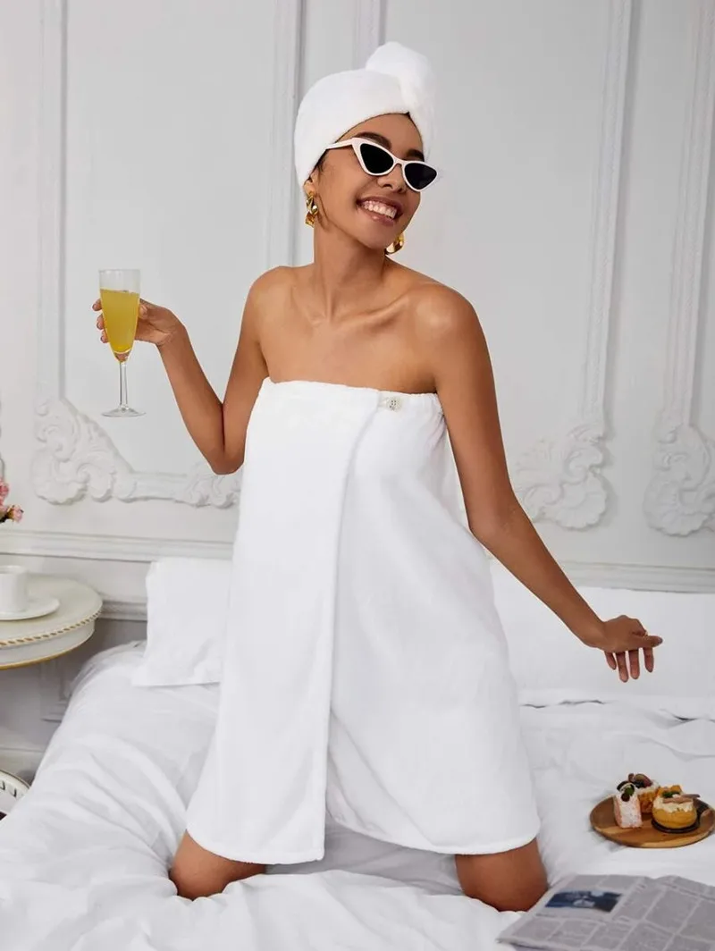 Best microfiber spa bath towel dress wearable bath robe body towel wrap with adjustable closure