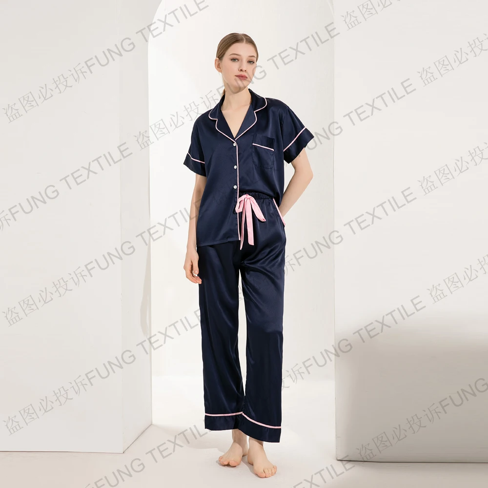 FUNG 6028 Womens Pajamas Set Short Sleeve Two-Piece Pjs Silky Sleepwear Nightwear