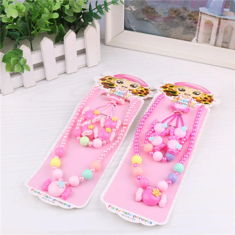 Kids girls pearl beaded necklace ring wholesale jewelry sets 5 PCS cute fashion princess jewelry