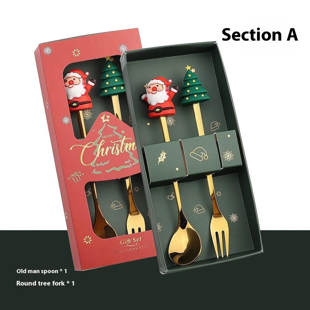 Hot Seller  Stainless Steel Spoon Christmas Tree Coffee Stirring Spoon Dessert Fruit Fork Doll Spoon Fork Tableware Gift Set