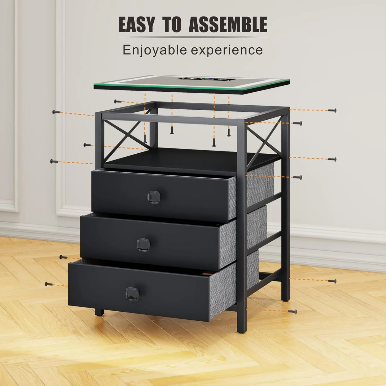 Smart Living Room Nightstand End Side Table USB Port & Power Outlet Bedroom table with drawers storage cabinet and glass top