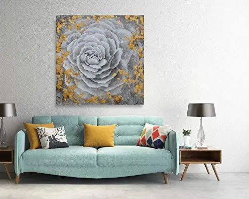 Hand Painted Modern White Flower With Gold Foil Print Artwork Pictures With Embellishment On Canvas For Bedroom Decoration
