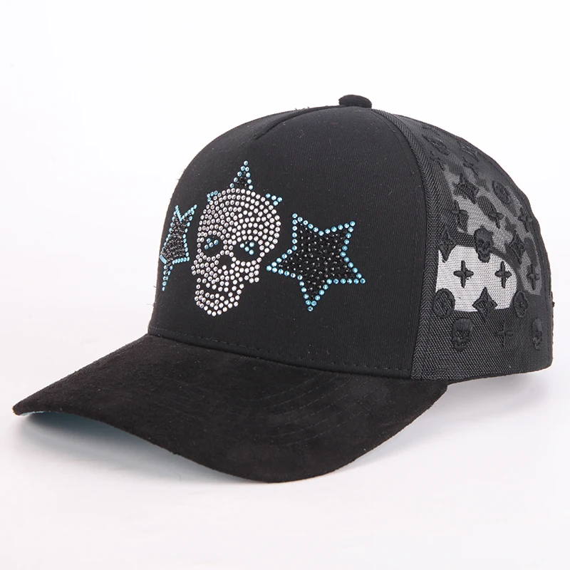 Custom high quality full embroidery logos on the mesh shiny rhinestone trucker hat cap