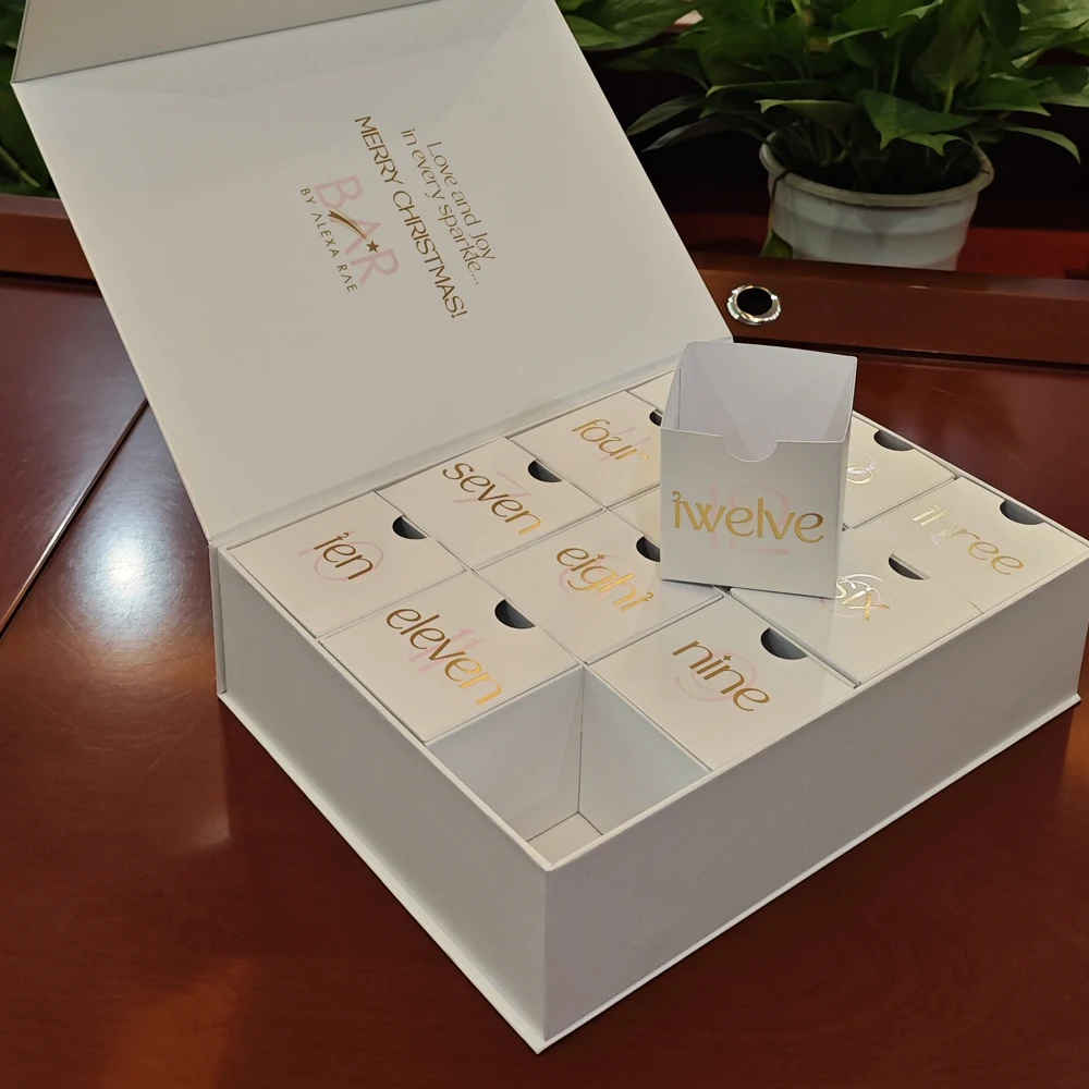 Luxury White Cardboard Custom 12 Days Christmas Advent Calendar Spot Gold Foil Magnetic Gift Box