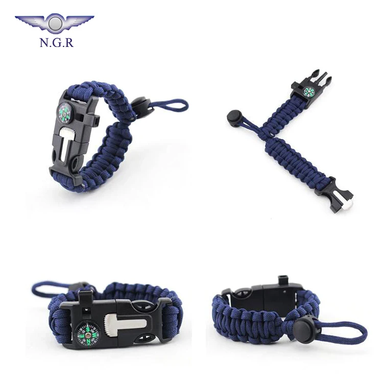Outdoor hiking and camping equipment adjustable survival bracelet with flint firestarter whistle and compass