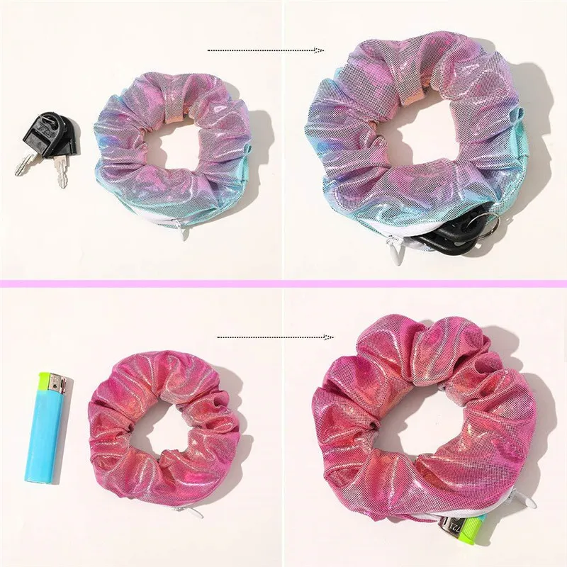 Customize Women Iridescent Pony Tail Hair Bands Shiny Soft Colorful Fabric Pocket Zipper Tie Dye Scrunchie