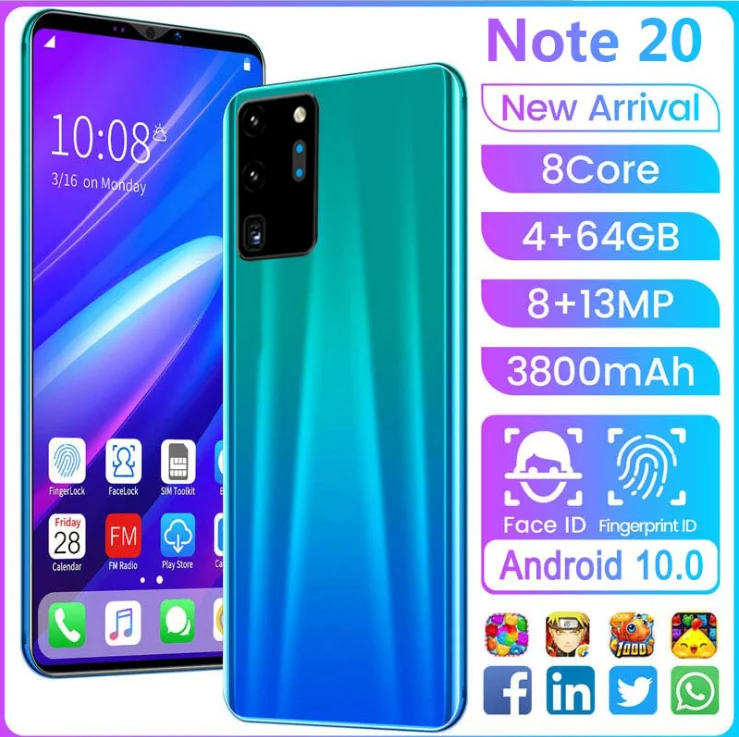 Note20 смартфон 8 + 13 Мп 4G сим-карты 4 64G дешевые смарт-телефон 5 0 дюймов андроид 10 мобильных смартфонов в