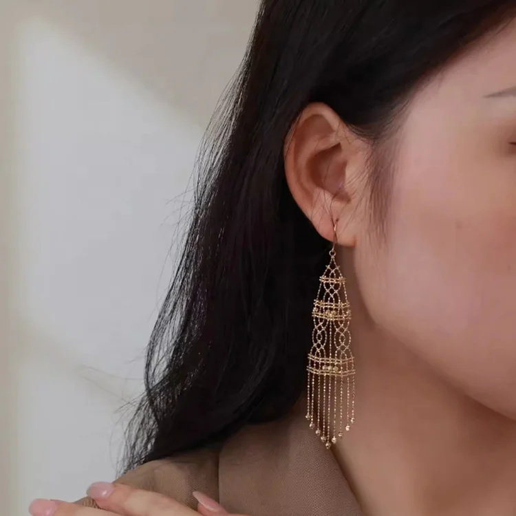 Indian jewelry 18K Gold  Personality Lace Gold Drop Earrings Heavyweight exotic long tassel Chandelier Earrings earrings