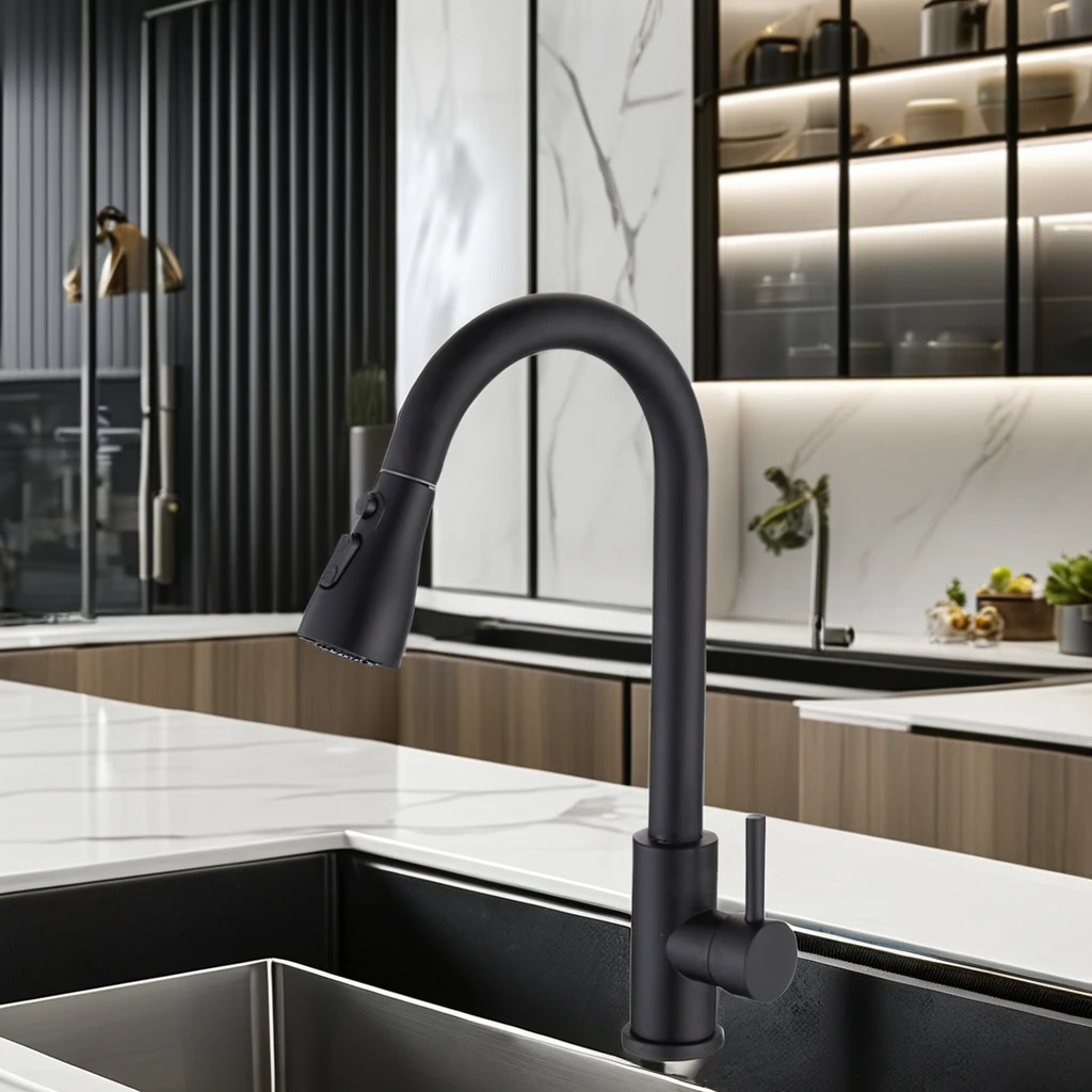 LULUMOM Black Stainless Steel Pull Out Kitchen Sink Faucet Smart Hot Cold Water Single Handle Sprayer Ceramic Valve Core Sink