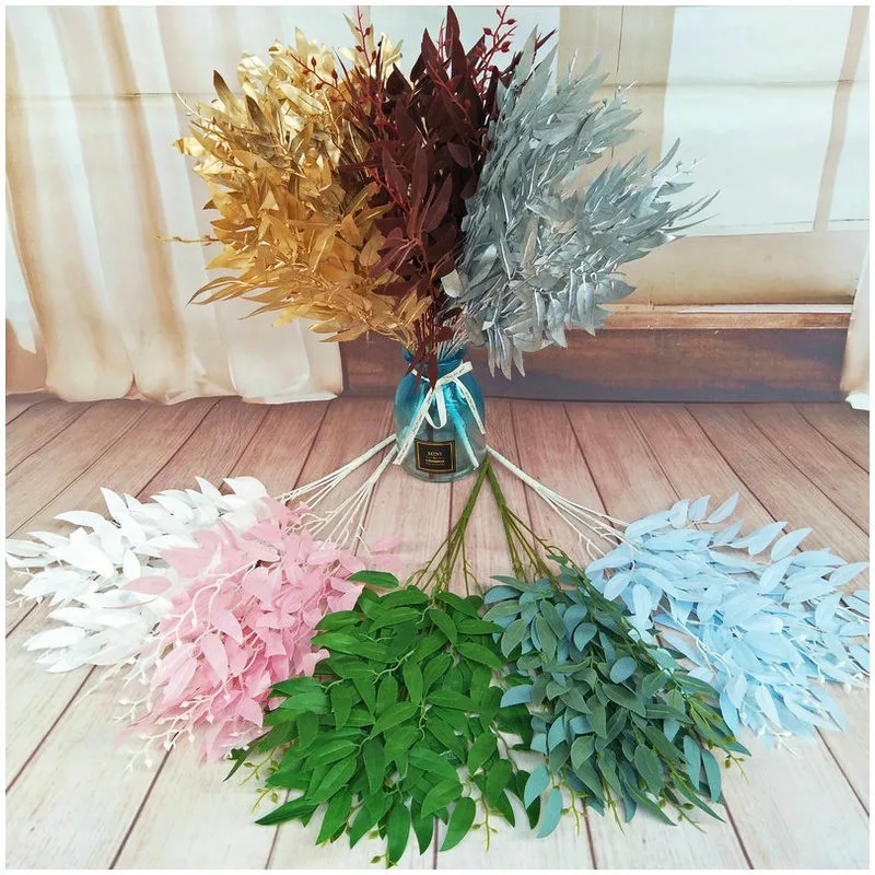 Hot Selling Wedding Home Decoration Willow Leaf Green Stem 5 Branches Hanging Bundles Artificial Decorative Plants Willow Leaves