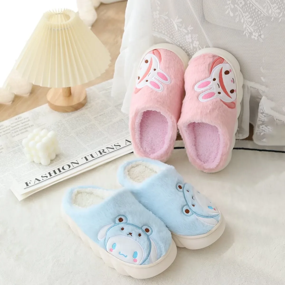 Ruunjoy Ladies Home Slipper Non Slip Winter Keep Warm Feet Indoor Cute Sanrioed Soft Plush Slipper Thick Soled Cartoon Slipper