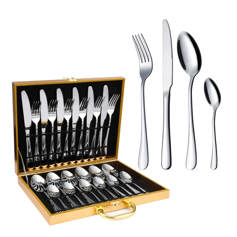 Wholesale high quality wedding party stainless steel cutlery set with gift box silver cutlery set 24pcs