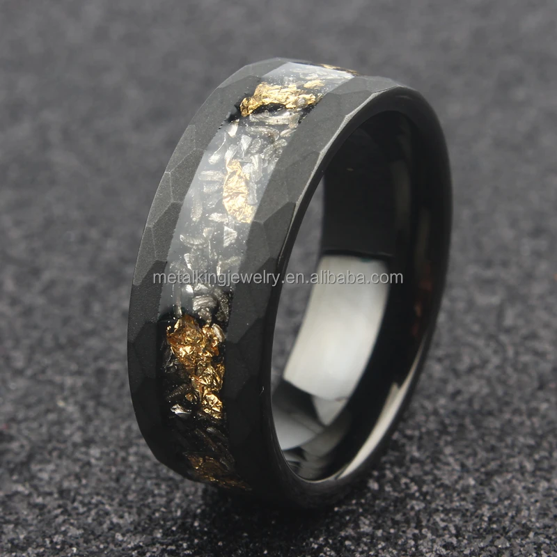 Meteorite and Gold Leaf  Ring, Black Sandblasted Hammered Tungsten Ring, Wedding Band for Men