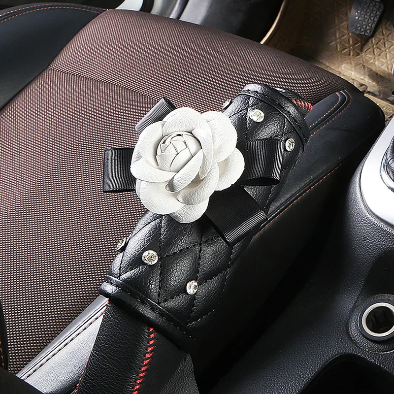 White Camellia Car Interior Set Universal Handbrake Shift Cover Gear Cover Seat Cover