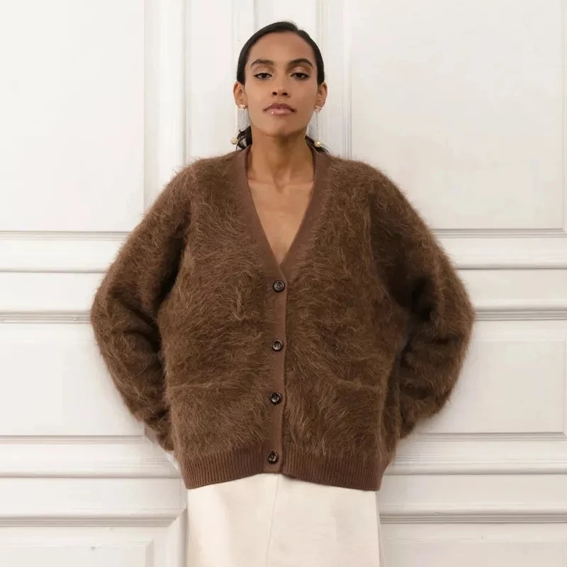YF oversize Mohair Cardigan Fuzzy Sweater Alpaca Wool 100% Cashmere Coat Chunky knitted cardigan