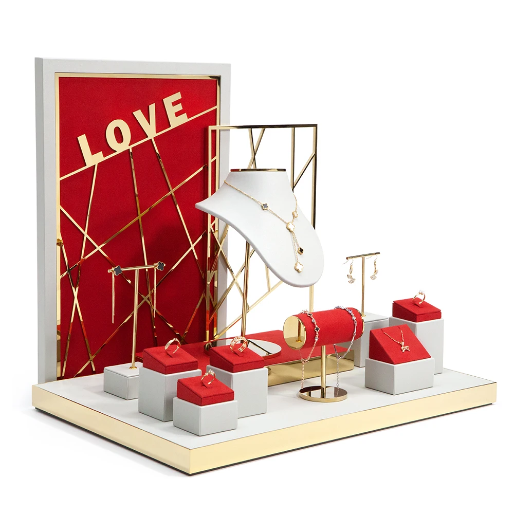 Изготовленный на заказ дизайн логотипа высококачественный рынок MDF металлическая упаковка для ювелирных изделий и стеллаж витрины набор из искусственной кожи