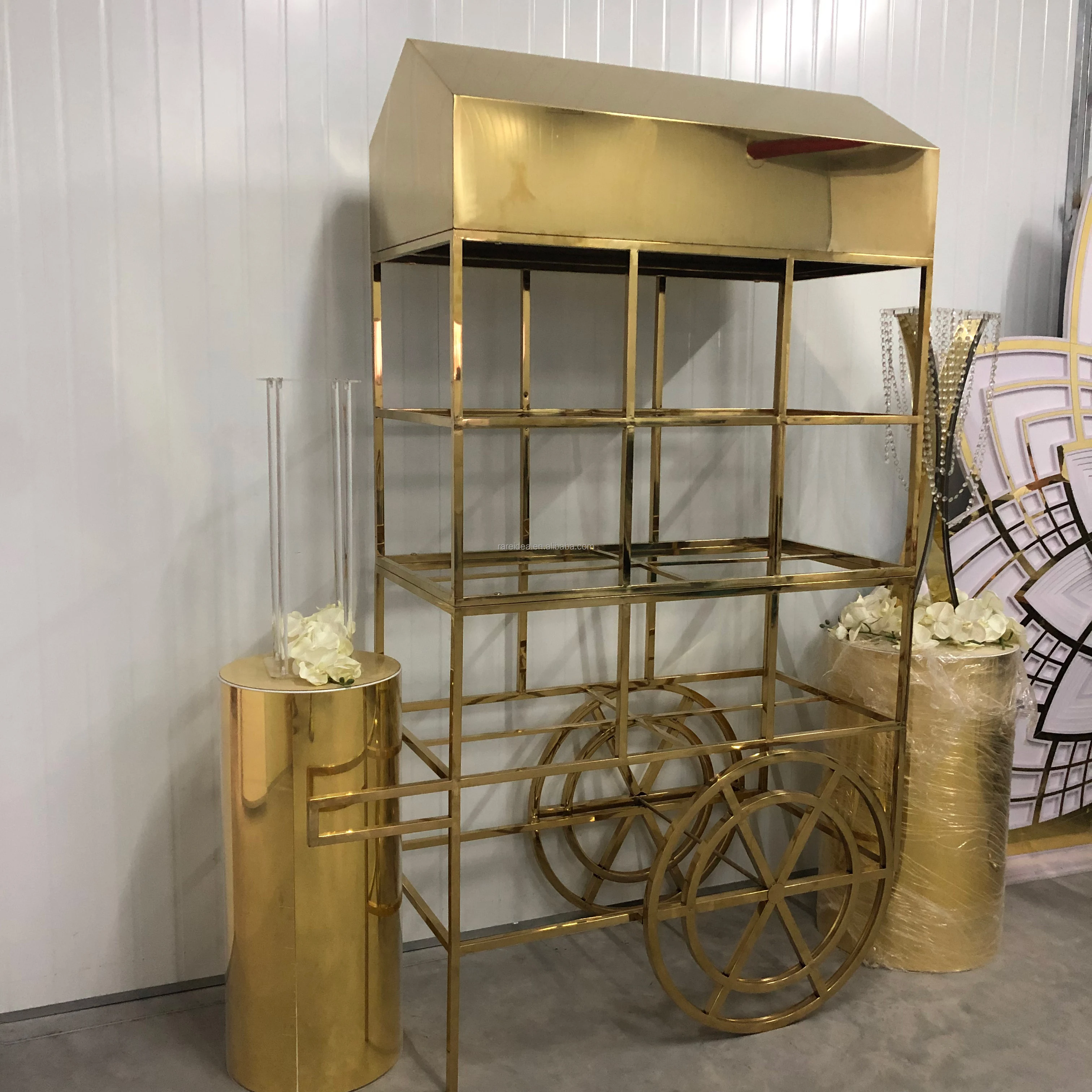 Lux Dessert Display Gloss Gold Metal Sweet Candy Cart For Wedding Events