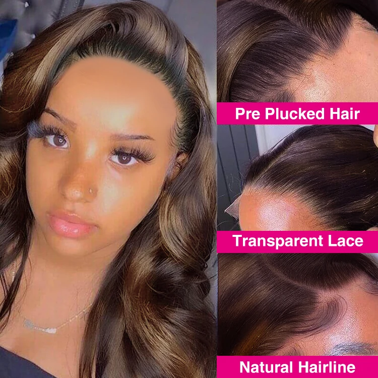 FH 18 Inch Piano P4/27 Ombre Color Highlight Wig Transparent 13x4 Human Hair Lace Frontal Body Wave Wigs