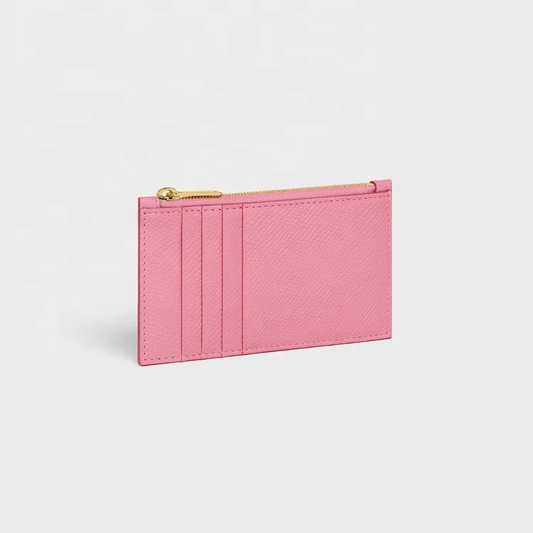 Custom Logo Nude Women Multi Card Slots Zipped Compact Leather Small Card Holders Epsom Leather Zip Cardholder Wallets